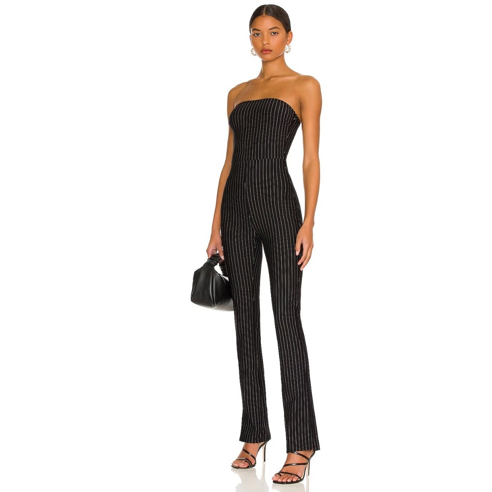 Superdown Kristina Pinstripe Strapless Jumpsuit Black XS NWT Flaw
